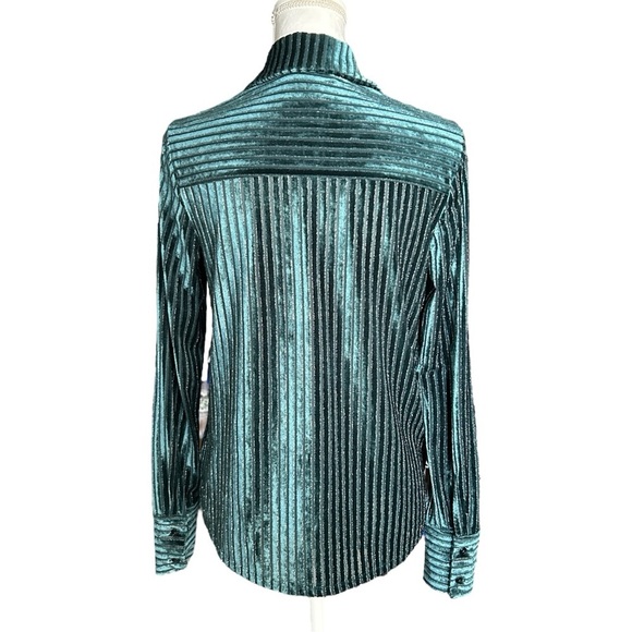 HOUSE of HARLOW  1960 Teal Velvet Silver Metallic Button Up sz XS Burnout Stripe - Picture 3 of 9